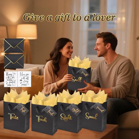 Gold Foil 5 Senses Gift Bags for Him with Labels Envelopes and Cards, Sight Smell Touch Taste Sound Gift Bags with Tissue Handle for Birthday, Anniversary, Mother's Day, Valentine's Day（10x8x4inch） in Kuwait