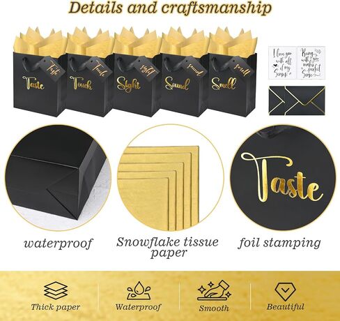 Gold Foil 5 Senses Gift Bags for Him with Labels Envelopes and Cards, Sight Smell Touch Taste Sound Gift Bags with Tissue Handle for Birthday, Anniversary, Mother's Day, Valentine's Day（10x8x4inch） in Kuwait