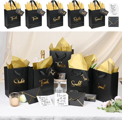 Gold Foil 5 Senses Gift Bags for Him with Labels Envelopes and Cards, Sight Smell Touch Taste Sound Gift Bags with Tissue Handle for Birthday, Anniversary, Mother's Day, Valentine's Day（10x8x4inch） in Kuwait