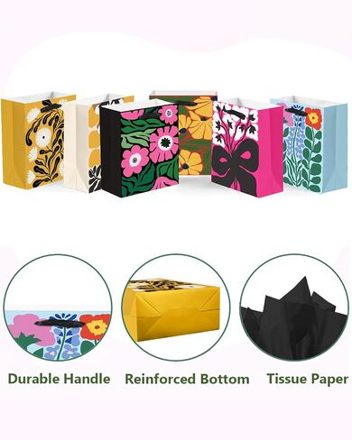 QIQEE 7.9 "x4.3" x9.6 "6pcs أزهار الأزهار الأكياس الأكياس مع مقابض ورق الأنسجة متوسطة الحجم （6pcs أكياس +18pcs ورقة الأنسجة） in Kuwait