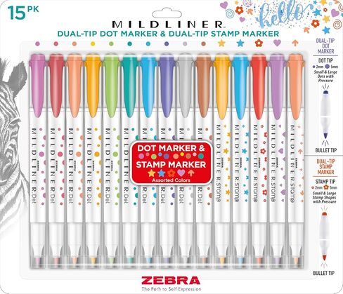 Zebra Pen Mildliner Dual-Tip Dot and Stamp Marker, Water-Based Pigment Ink, Extra Fine Bullet & Assorted Shape Stamp Tips, Assorted Colors, 15-Pack (73315) in Kuwait