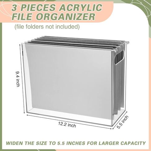 Thenshop 3 PCS Acrylic File منظم مربع ملف سطح المكتب Acrylic مع مقبض المجلد معلق مربع ملفات الحامل الواضح لتخزين حجم الخطاب في المنزل ، 12.2 × 5.5 × 9.4 بوصة in Kuwait