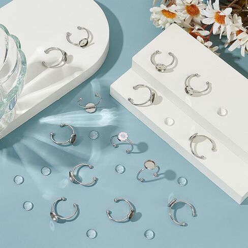 UNICRAFTALE 30Sets Blank Dome Finger Rings 8mm Tray Stainless Steel Adjustable Cuff Finger Rings with 30pcs Glass Cabochon Making Kit Blanks Bezel Components Trays Fit Pad Ring for Jewelry Making in Saudi Arabia