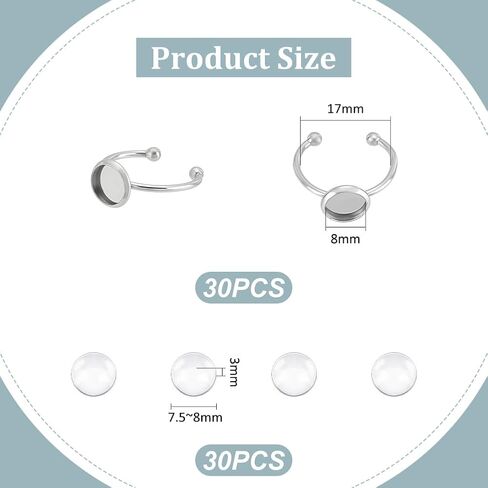 UNICRAFTALE 30Sets Blank Dome Finger Rings 8mm Tray Stainless Steel Adjustable Cuff Finger Rings with 30pcs Glass Cabochon Making Kit Blanks Bezel Components Trays Fit Pad Ring for Jewelry Making in Saudi Arabia