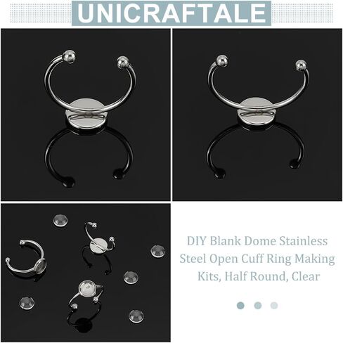 UNICRAFTALE 30Sets Blank Dome Finger Rings 8mm Tray Stainless Steel Adjustable Cuff Finger Rings with 30pcs Glass Cabochon Making Kit Blanks Bezel Components Trays Fit Pad Ring for Jewelry Making in Saudi Arabia