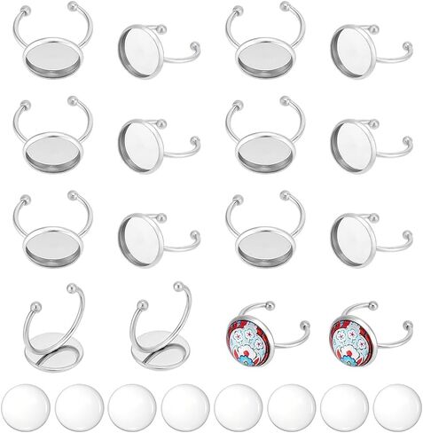 UNICRAFTALE 30Sets Blank Dome Finger Rings 8mm Tray Stainless Steel Adjustable Cuff Finger Rings with 30pcs Glass Cabochon Making Kit Blanks Bezel Components Trays Fit Pad Ring for Jewelry Making in Saudi Arabia