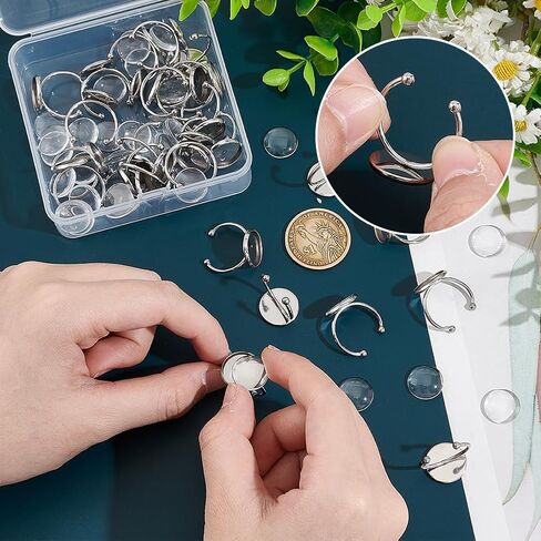 UNICRAFTALE 30Sets Blank Dome Finger Rings 8mm Tray Stainless Steel Adjustable Cuff Finger Rings with 30pcs Glass Cabochon Making Kit Blanks Bezel Components Trays Fit Pad Ring for Jewelry Making in Saudi Arabia