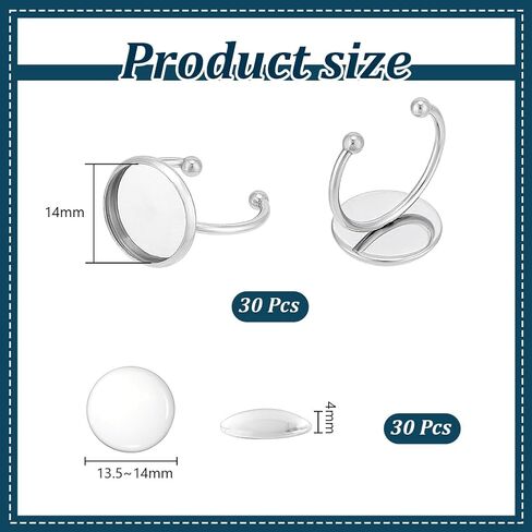 UNICRAFTALE 30Sets Blank Dome Finger Rings 8mm Tray Stainless Steel Adjustable Cuff Finger Rings with 30pcs Glass Cabochon Making Kit Blanks Bezel Components Trays Fit Pad Ring for Jewelry Making in Saudi Arabia