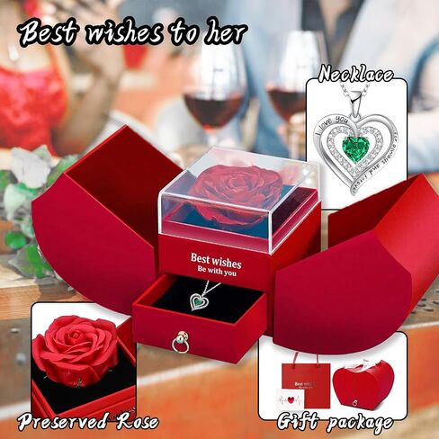 Preserved Red Real Rose with I Love You Necklace, Eternal Flowers Rose Gifts for Mom Grandma Wife Girlfriend on Mothers Day gift Valentines Anniversary Birthday for Women in Saudi Arabia