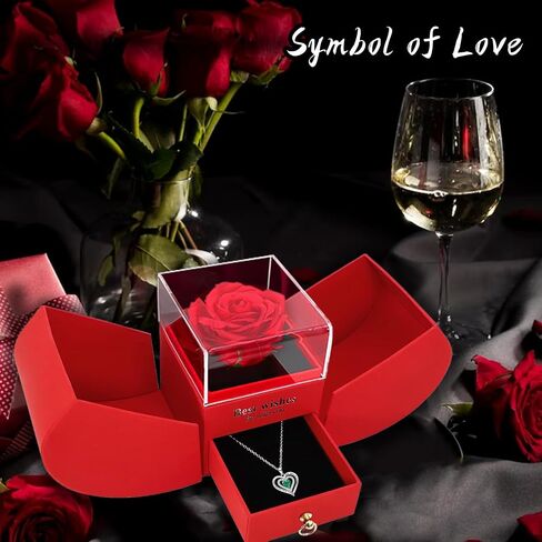 Preserved Red Real Rose with I Love You Necklace, Eternal Flowers Rose Gifts for Mom Grandma Wife Girlfriend on Mothers Day gift Valentines Anniversary Birthday for Women in Saudi Arabia
