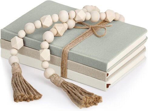 3 Pieces Linen Covered Decorative Books Set for Home Coffee Table Decor 8.5 x 5.7 Inches Faux Books with Wood Bead Garland Rustic Farmhouse Stacked Books Decor for Shelves Living Room Mantle in Kuwait