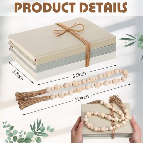 3 Pieces Linen Covered Decorative Books Set for Home Coffee Table Decor 8.5 x 5.7 Inches Faux Books with Wood Bead Garland Rustic Farmhouse Stacked Books Decor for Shelves Living Room Mantle in Kuwait