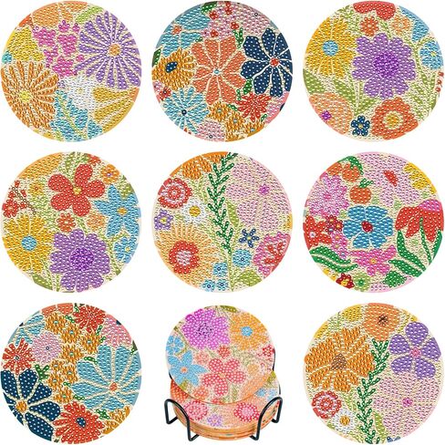 Ritzephyria 8PCS Diamond Art Coasters Kit – Small Animals & Floral Diamond Painting Coasters with Holder, DIY Gem Art Set with Cork Pads & Tools, Perfect for Home Decor (Geometric Flowers) in Saudi Arabia