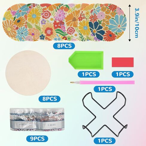 Ritzephyria 8PCS Diamond Art Coasters Kit – Small Animals & Floral Diamond Painting Coasters with Holder, DIY Gem Art Set with Cork Pads & Tools, Perfect for Home Decor (Geometric Flowers) in Saudi Arabia