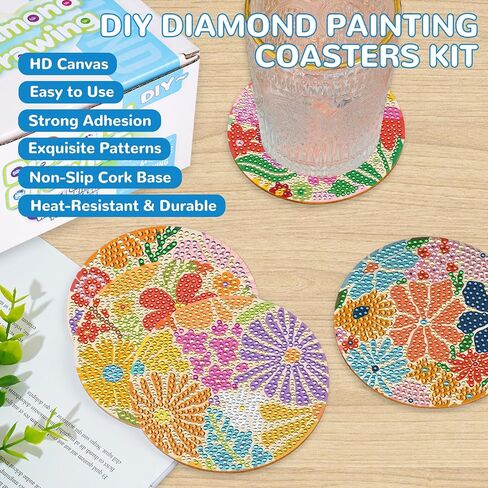 Ritzephyria 8PCS Diamond Art Coasters Kit – Small Animals & Floral Diamond Painting Coasters with Holder, DIY Gem Art Set with Cork Pads & Tools, Perfect for Home Decor (Geometric Flowers) in Saudi Arabia