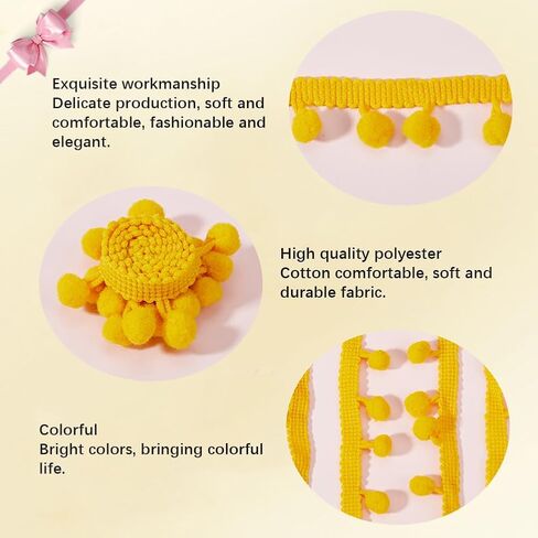 20 Yards Gold Mini Pom Poms Trim Ball Fringe Ribbon Fringe Floral Christmas Lace Yellow Edges Pleated Pompoms Tassel Ruffle Fuzzy Ribbon for Sewing Making DIY Crafts Supply Clothes Decors in Saudi Arabia