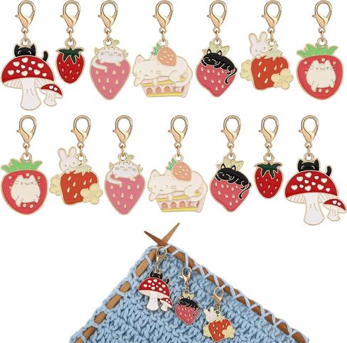 14Pcs Cat Strawberry Rabbit Mushroom Stitch Markers Alloy Enamel Removable Crochet Knitting Markers with Lobster Clasp Charms for Sewing Knitting Weaving Accessories DIY Craft in Saudi Arabia