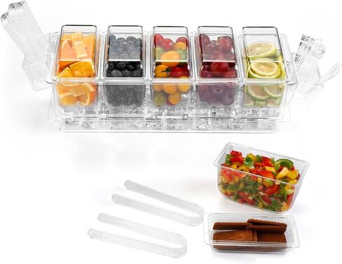 Condiment Server with Ice Tray,Ice Chilled 5 Compartment Condiment Server Caddy,Chilled Caddy,Condiment Servers for Parties,Included 3 Serving Spoons+3 Tongs in Saudi Arabia