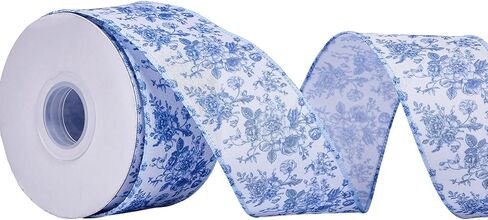 Blue Floral Wired Ribbon 2.5 Inch Vintage Flower Chinoiserie Printed Fabric Ribbon for DIY Crafts Wreath Bow Making, 15 Yards in Kuwait