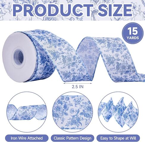 Blue Floral Wired Ribbon 2.5 Inch Vintage Flower Chinoiserie Printed Fabric Ribbon for DIY Crafts Wreath Bow Making, 15 Yards in Kuwait