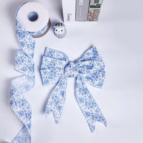 Blue Floral Wired Ribbon 2.5 Inch Vintage Flower Chinoiserie Printed Fabric Ribbon for DIY Crafts Wreath Bow Making, 15 Yards in Kuwait