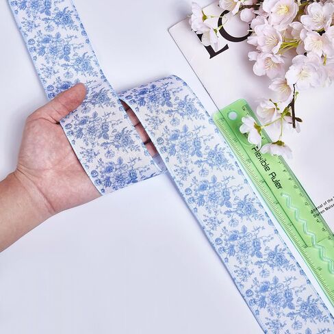 Blue Floral Wired Ribbon 2.5 Inch Vintage Flower Chinoiserie Printed Fabric Ribbon for DIY Crafts Wreath Bow Making, 15 Yards in Kuwait