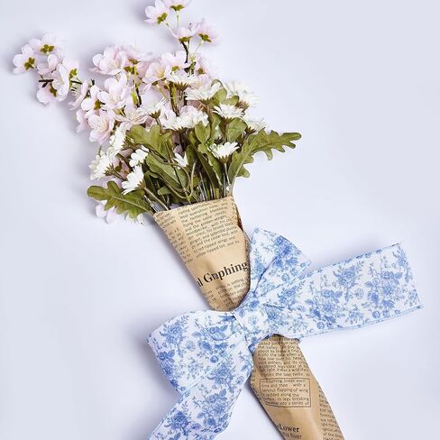 Blue Floral Wired Ribbon 2.5 Inch Vintage Flower Chinoiserie Printed Fabric Ribbon for DIY Crafts Wreath Bow Making, 15 Yards in Kuwait