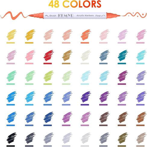 48 Colors Brush & Fine Tip Acrylic Paint Pens, Dual Tip Acrylic Paint Markers for Paper, Wood, Canvas, Stone, Rock, Glass, Fabric, DIY, Ceramic, Art Supplies for Kids and Adults Drawing in Saudi Arabia