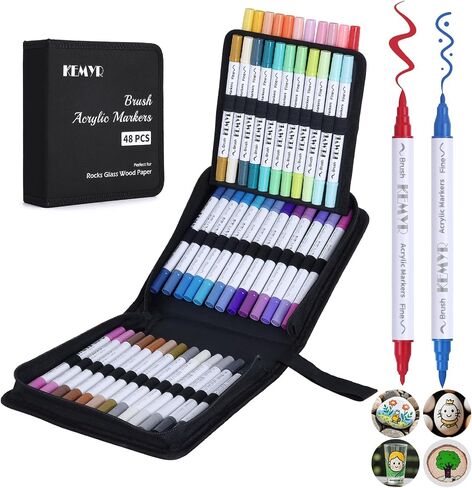 48 Colors Brush & Fine Tip Acrylic Paint Pens, Dual Tip Acrylic Paint Markers for Paper, Wood, Canvas, Stone, Rock, Glass, Fabric, DIY, Ceramic, Art Supplies for Kids and Adults Drawing in Saudi Arabia