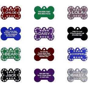 Crystal Pet ID Tags - Engraved Personalized Dog Tags, Cat Tags Front & Back up to 5 Lines of Text – Bone, Heart
