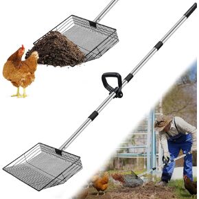 15inch Heavy-Duty Chicken Poop Scooper with Ergonomic Grip, Chicken Coop Scoop with Adjustable Stainless Steel Handle (24-70"), 4-in-1 Litter Sifting Shovel for Chicken Coop Accessories