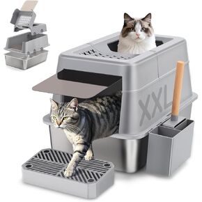 Stainless Steel Cat Litter Box with 110° Flip-Top Lid, XXL Large Enclosed Metal Litter Box for Big Cats with Scoop & Pedal, Removable Lid -Odor Control, Non-Stick Surface, Front Entry Top Exit (Grey)