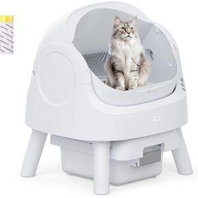 Self Cleaning Cat Litter Box for Multiple Cats, Open Top Litter Box with Liners and Mat Included, White