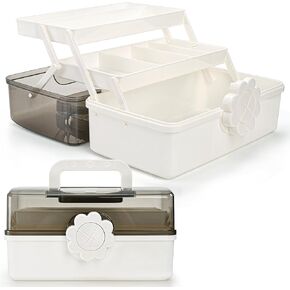 ZOOFOX Three-Layer Plastic Dividing Storage Box, Folding Tool Box Organizer with 2 Trays, Multipurpose Home Utility Case for Medicine, Sewing, Hair Accessories and Cosmetic