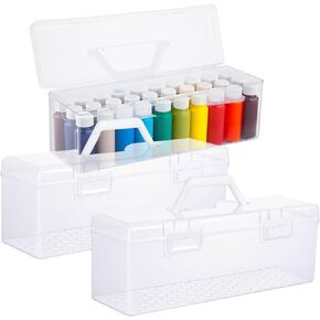 3 Pcs Paint Storage Box for 2 Fl. oz Acrylic Paints, Acrylic Portable Craft Art Organizer with Handle, 30 Bottles Capacity Plastic Art Supply Clear Boxes