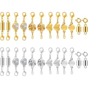 24 PCS Magnetic Necklace Clasp with Lobster Clasp, Magnetic Bracelet Clasps, Locking Magnetic Jewelry Clasps, Magnetic Necklace Extender, for Necklace Clasp Helper (Gold, Silver, 6 Styles)