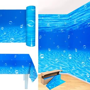 1 Roll 1225 Inch x 54 Inch Under The Ocean Tablecloth Decorations Water Table Cover Plastic Backdrop for Sea-Maid Beach Pool Summer Birthday Party Decor