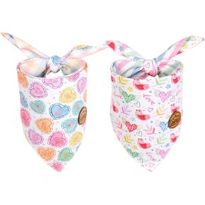 CROWNED BEAUTY Valentines Day Dog Bandanas Reversible Small 2 Pack, Sweet Love Set, Plaid Stripes Adjustable Triangle Holiday Scarves for Dogs Cats Boy Girl Pets DB147-S