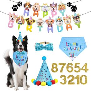 Dog Birthday Party Supplies Pet Theme Birthdaies Decorations Boy Girl Cake Bandana Set Birthday Hat Bow Tie Bandana Banner with Numbers for Large Medium Small Dogs Pet