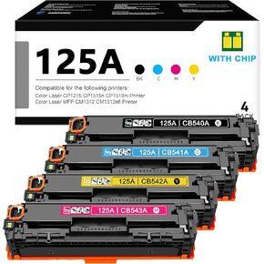 125A Toner Cartridges 4 Pack(BK/C/M/Y): Compatible CB540A CB541A CB542A CB543A Toner Replacement for HP 125A for Color Laser CP1215 CP1515n CP1518ni MFP CM1312 CM1312nfi Printer