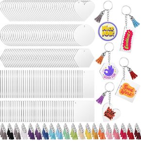 300Pcs Acrylic Blank Keychains for Vinyl, Clear Keychain Blanks Bulk with 5 Shapes Acrylic Disc Leather Tassel Charms Key Chains Jump Ring for DIY Craft Ornament Engrave Painting ﻿
