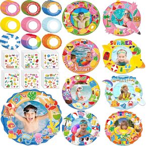 54 Packs Summer Picture Frames Craft Kits Swim Ring DIY Photo Frame Crafts Hawaiian Paper Art Craft with Stickers for Kid Pool Beach Summer Theme Party Activities Game School Classroom Decor Supplies