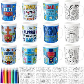 Father's Day Color Your Own Mugs for Kids - 12Pcs Best Dad Ever 8oz Personalized Coffee Mugs with 36Pcs Religious Theme Insert Paper DIY Plastic Cups for Holiday Party Sunday School Home Activities