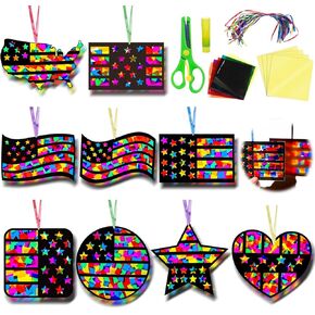 EggSun 36 Sets 4th of July Suncatchers Crafts for Kids, Patriotic Ornaments Stained Glass Window Arts and Crafts Kit for Classroom Holiday Projects Home Party National Flag Decorations Ages 4 8 12