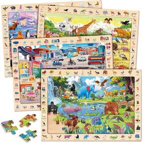 SYNARRY Wooden Puzzles for Kids Ages 4-6, 4 x 60 Piece Match & Find Puzzles for Kids Ages 3-5 Boys Girls, Educational Toys Gifts for 4-8 yo for Learning Jungle Savannah Polar Animals & City Life