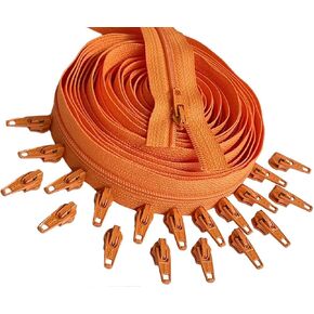 YKK #5 Nylon Coil Orange Continuous Zipper Chain 10 Yards with 25 Automatic Lock Zipper Pulls Same Color for DIY Sewing Crafts or Bags (Orange 523)
