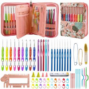 Dasonwin 60-Piece Ergonomic Crochet Hooks Set with Travel Case - Aluminum Crochet Needles Kit for Beginners & Experts, Arthritis-Friendly Design, Includes Stitch Markers & Accessories (Pink)