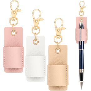 3 Pcs Portable Anti-Lost Pen Holder for Lanyard, Single Pen Lanyard for Badge Keychain or Neck Lanyard, Pocket PU Leather Pen Keychain for Nurses, Courier, Clerk (Pink, Beige, White)