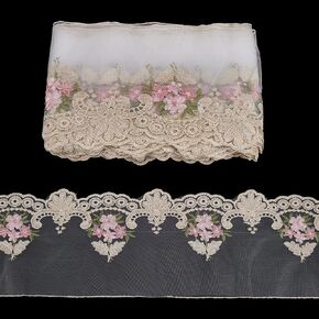 FINGERINSPIRE 5 Yards Floral Embroidery Mesh Tulle 7-1/2" Wide Embroidery Hollow Flower Mesh Lace Trim Ivory White Polyester Floral Tulle Lace Edge Trim Ribbon for Wedding Dresses Decor