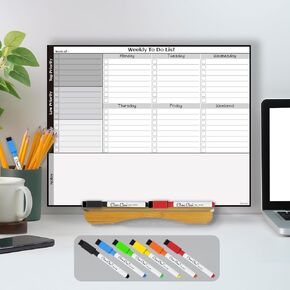 Dry Erase Desk Calendar Board - Reusable Desktop Daily Noteboard, to-do List - 11.5"x14.5" Tabletop Dry Erase Board with Stand - 6 Markers Included